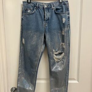 Topshop Moto Hayden Silver Foil Distressed Relaxed Fit Jeans W28 L30